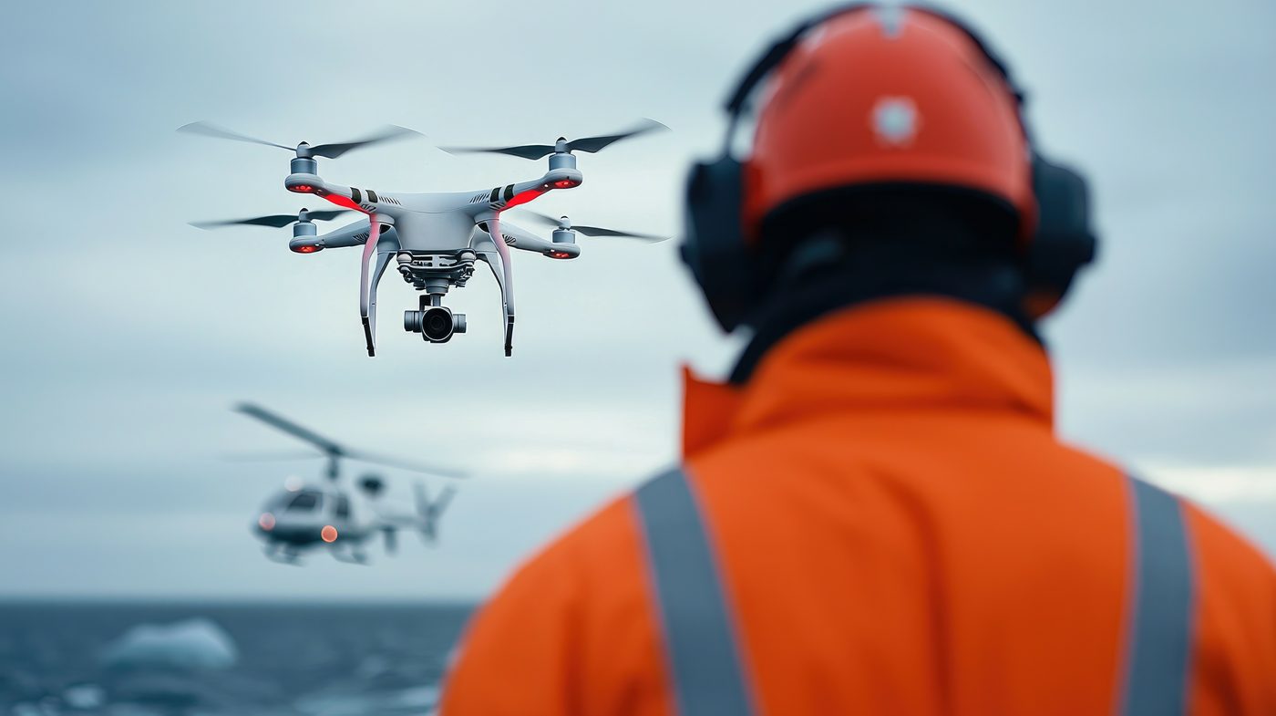 Logistics operator with a cargo delivery drone at a port