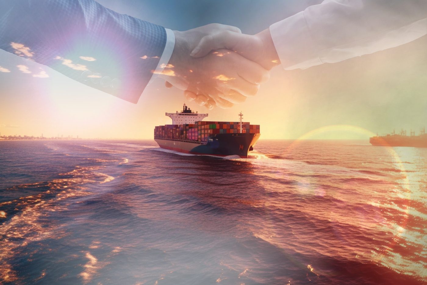Container ship at sea during a golden sunset